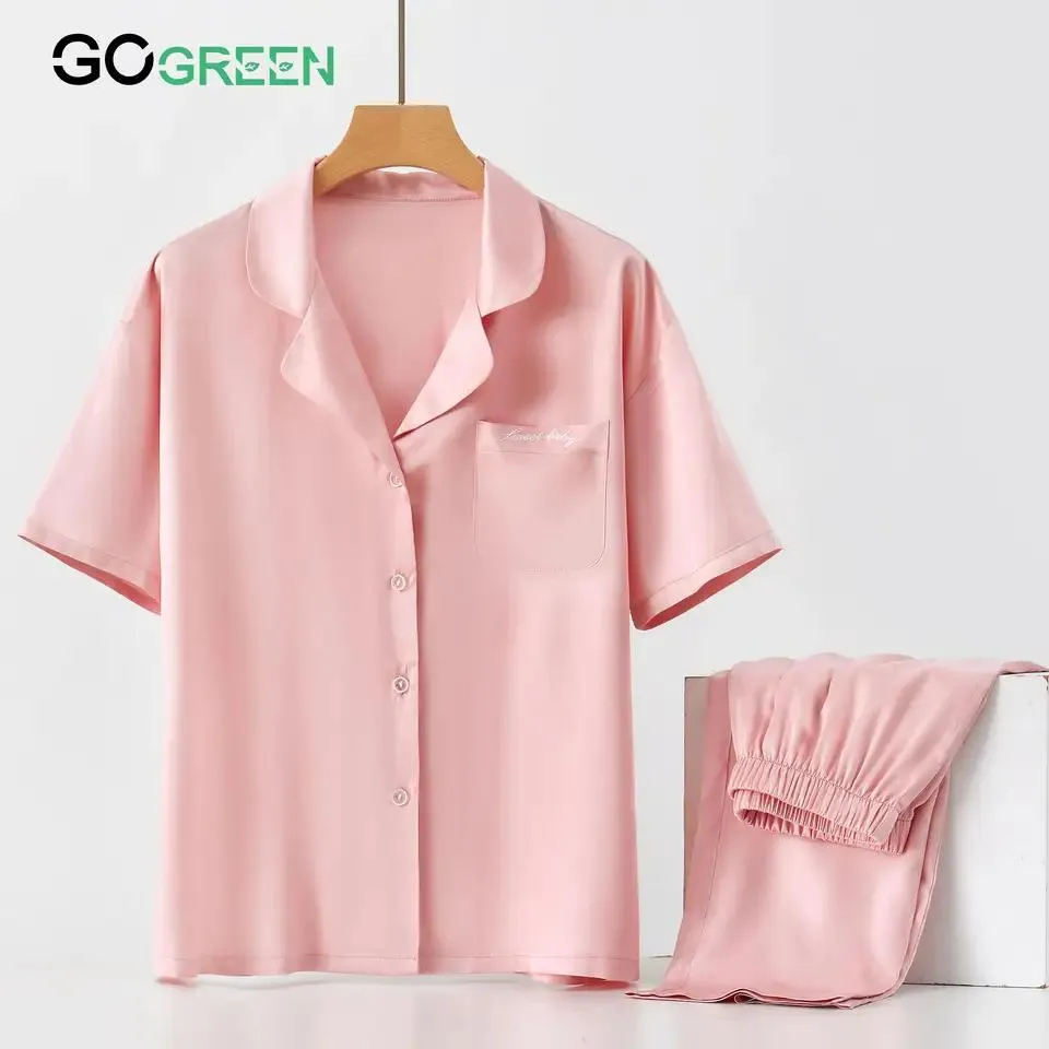 Pijamas de lyocell al por mayor 100% Con fibra orgánica conjunto de pijamas para damas de manga corta ropa de casa 2 piezas de ropa de descanso