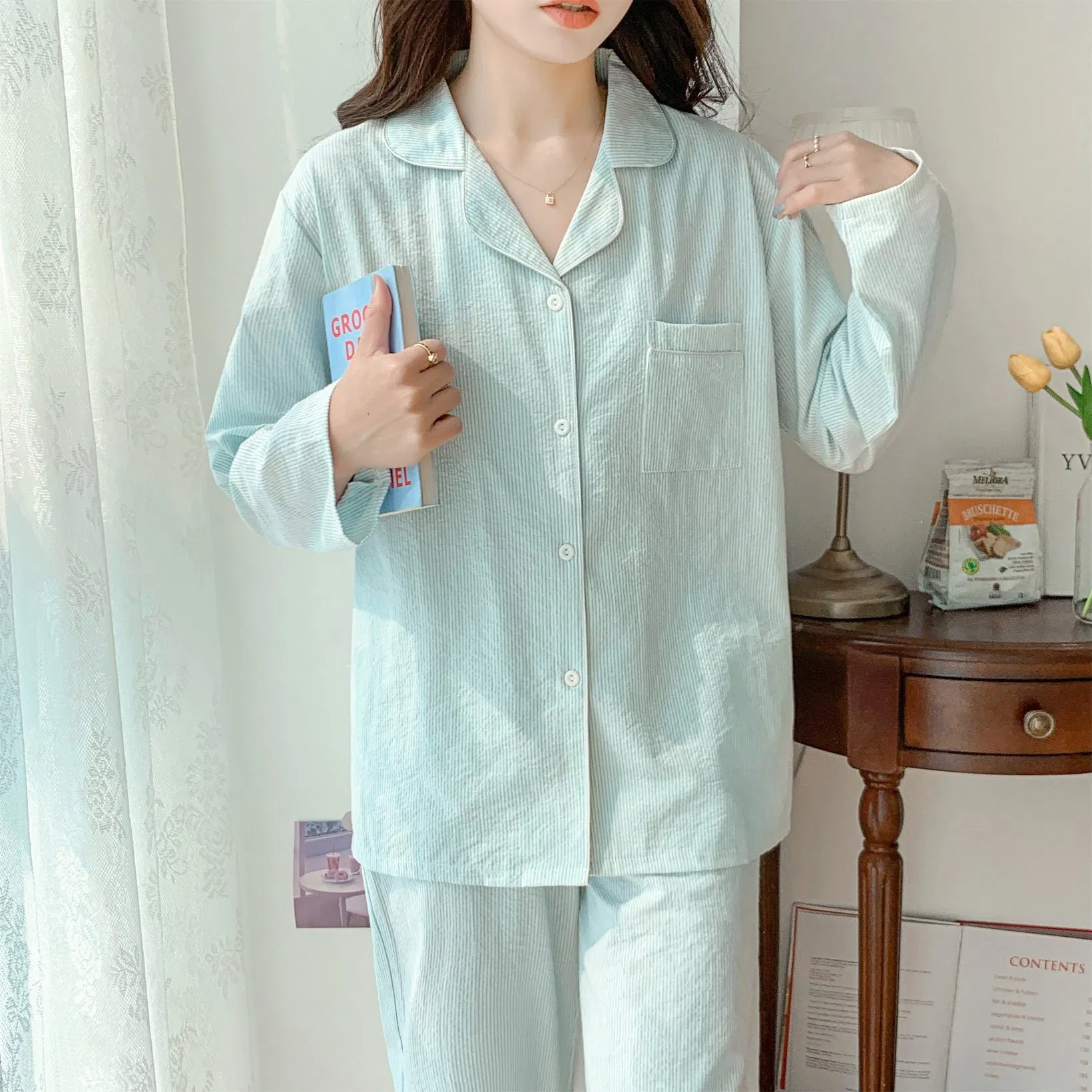 Conjunto de pijamas casuales de lino de algodón impreso digitalmente personalizado