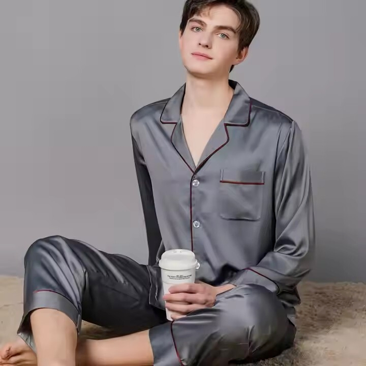 Ropa de dormir de satén liso al por mayor, ropa de casa de talla grande con bolsillos, pijamas de seda para hombres, camisones de dos piezas