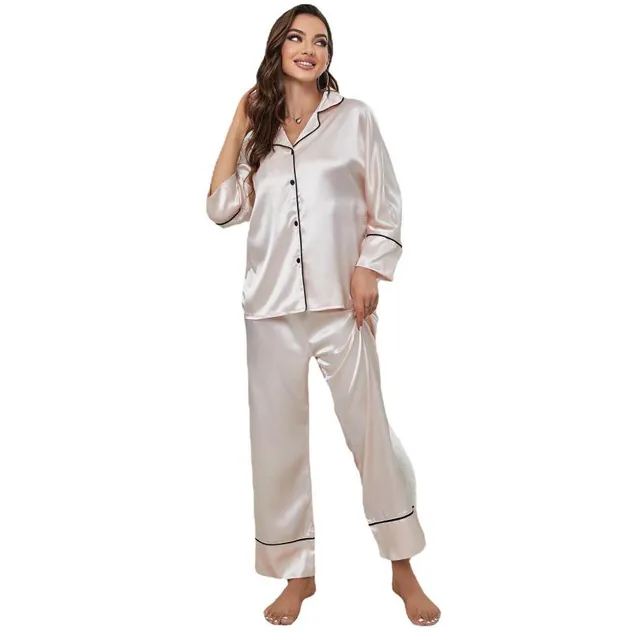 Conjunto de pijama de temporada para mujer, blusa larga de seda helada con contraste y pantalón largo