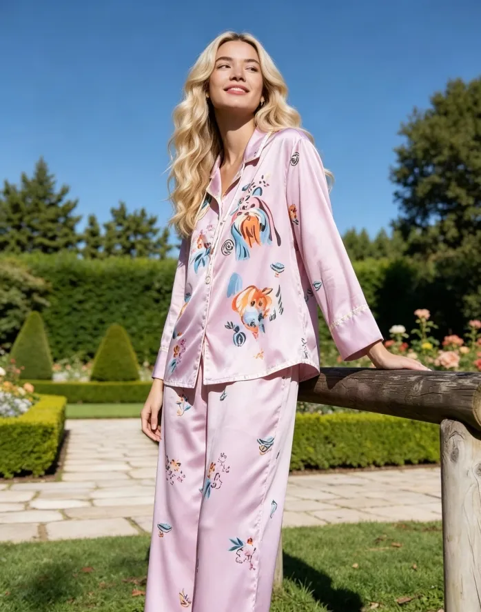 Conjunto de pijamas de seda estampada a la moda, pijamas de manga larga para mujer