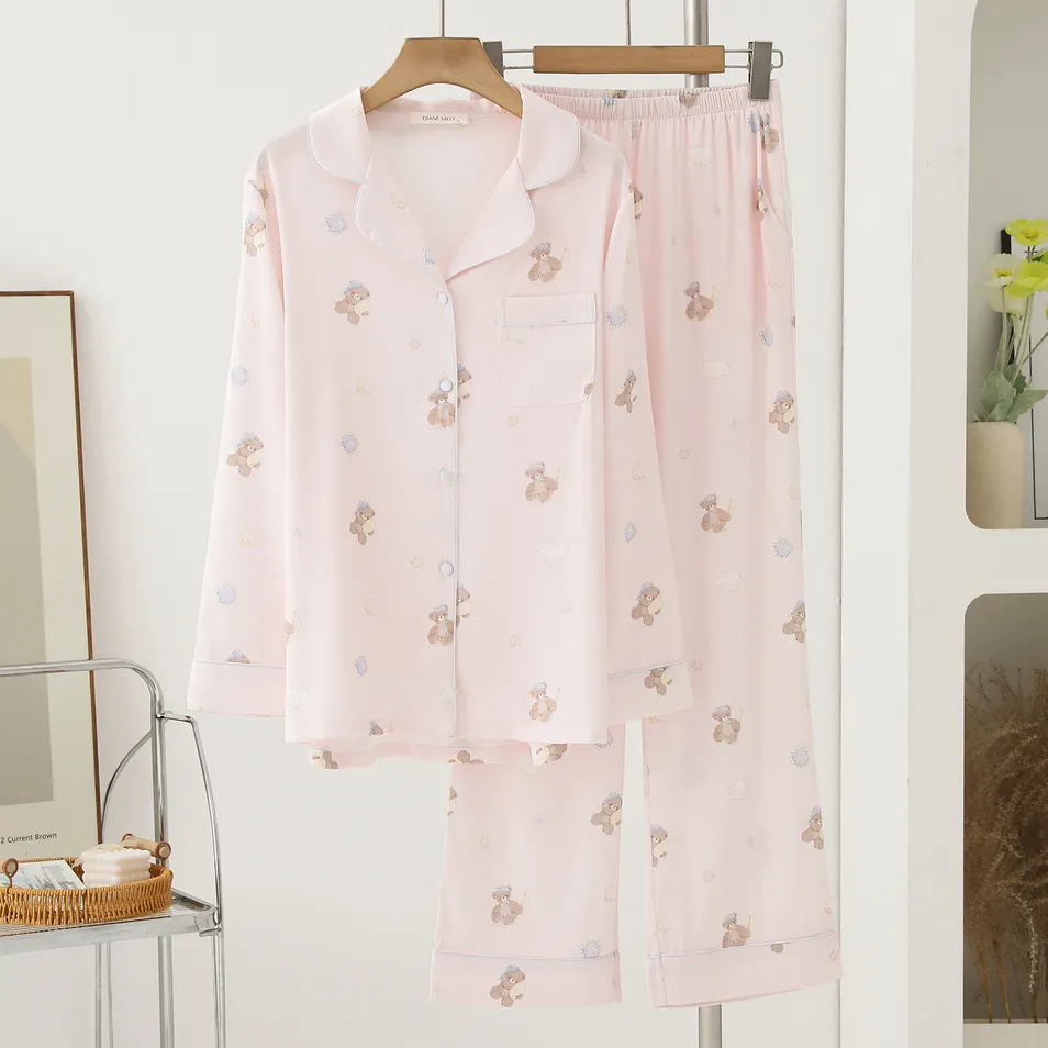 Conjunto de pijama de seda helada para mujer de primavera y otoño con solapa y pantalones largos 2-Piece