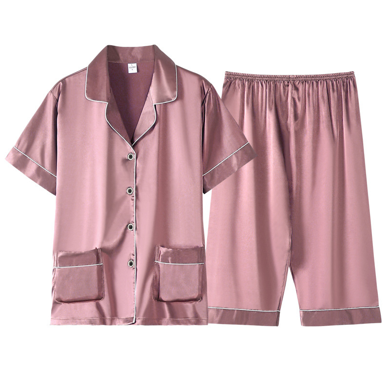 Conjunto de pijama de verano para mujeres de talla grande, de seda sintética fina, de manga corta y capri