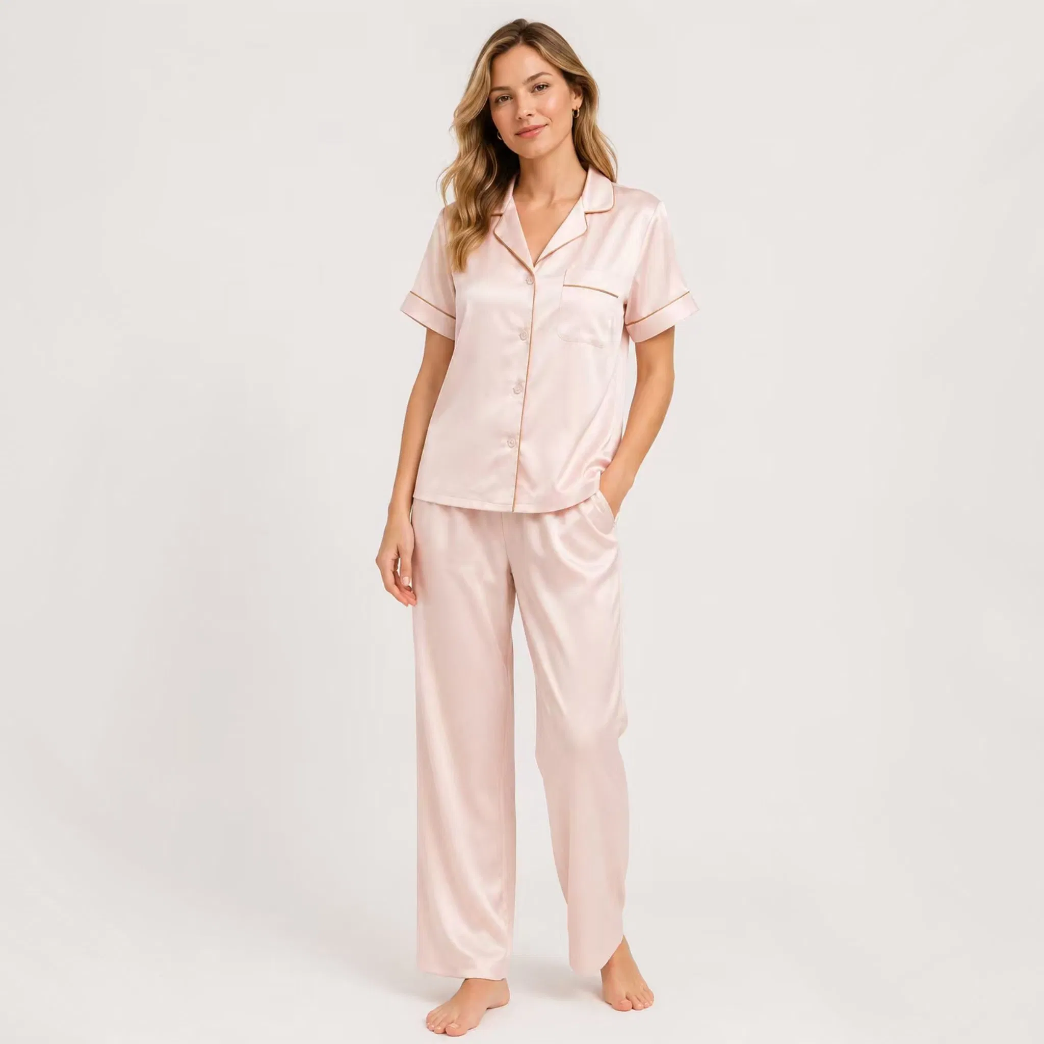 Conjunto de pijama de satén para mujeres, blusa de manga corta con solapa, pantalones largos, ropa de dormir de seda con ribete dorado, traje de noche para damas, ropa de casa personalizada en stock