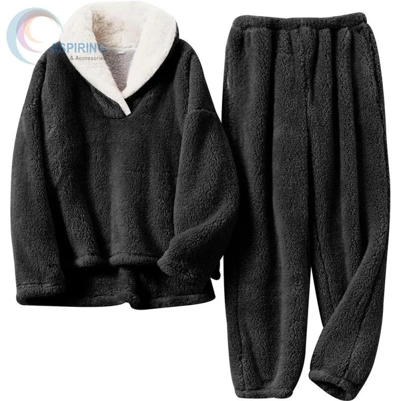 Conjunto de pijama de mujer de algodón de terciopelo grueso y cómodo para invierno