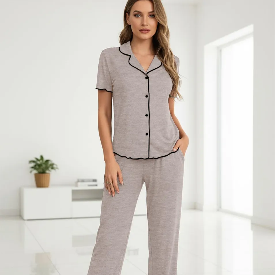 Conjunto de pijama de dos piezas de algodón sólido y cómodo para mujeres con solapa y manga corta, pijama de verano personalizado OEM