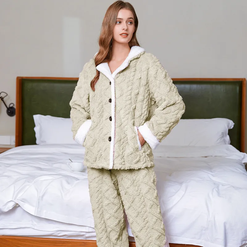 Nuevos Pijamas Ropa de Dormir Conjunto de Dos Piezas de Manga Larga Invierno Cálido Mujeres Franela Engrosada Loungewear Jacquard
