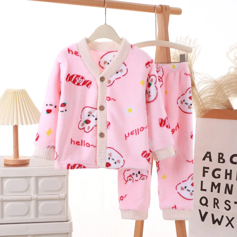 Conjunto de ropa interior para niños de felpa coral, pijamas para niños de otoño e invierno