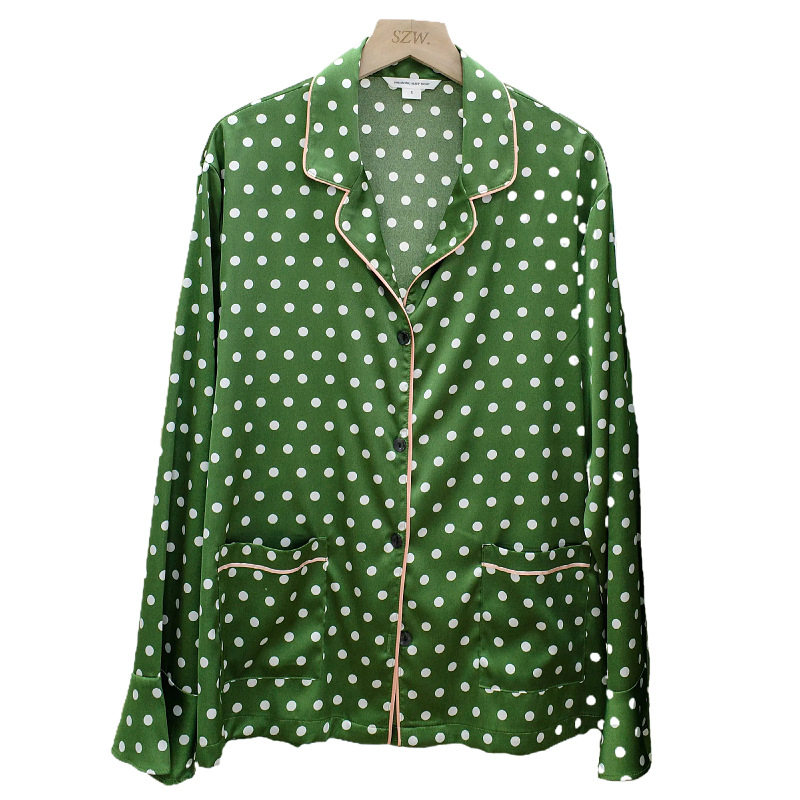 Conjunto de pijama de lujo francés para mujeres con mangas abullonadas de lunares verdes