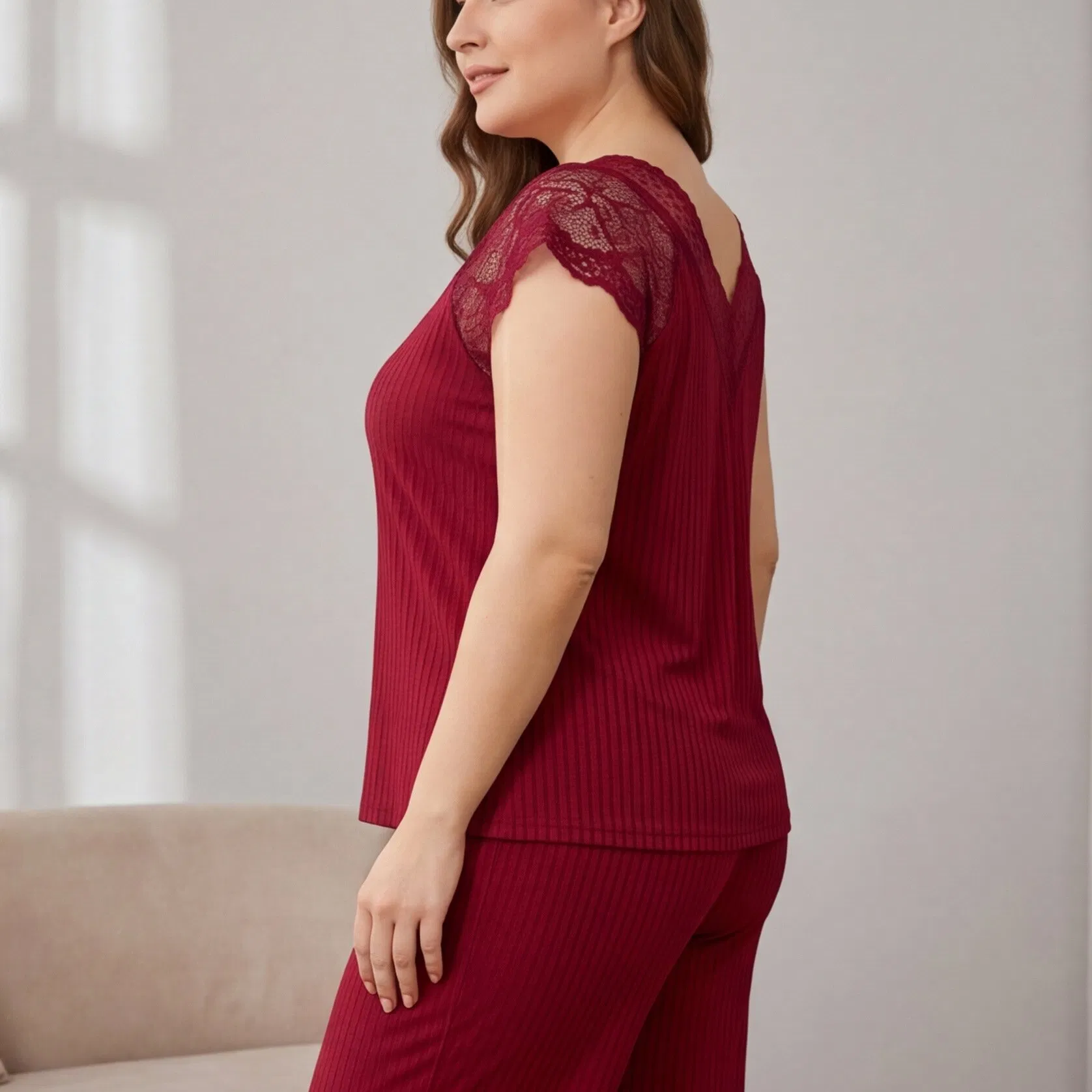 Conjunto de pijama de mujer de talla grande con ribete acanalado, camiseta corta de cuello en V, ropa de descanso y sueño