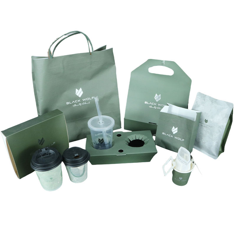 Eco-Friendly Coffee Series Custom Kraft Paper Packaging Bag Coffee Shops Take Away Cups Holder Cups Box Bag and Coffee Cup