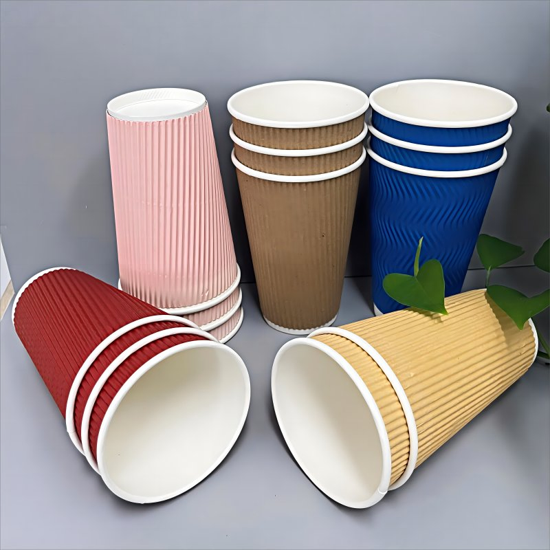 Ripple Paper Cup Waterproof Double Wall Cup Kraft Paper Cup for Hot Coffee with Plastic Cover Customization Printing 8oz