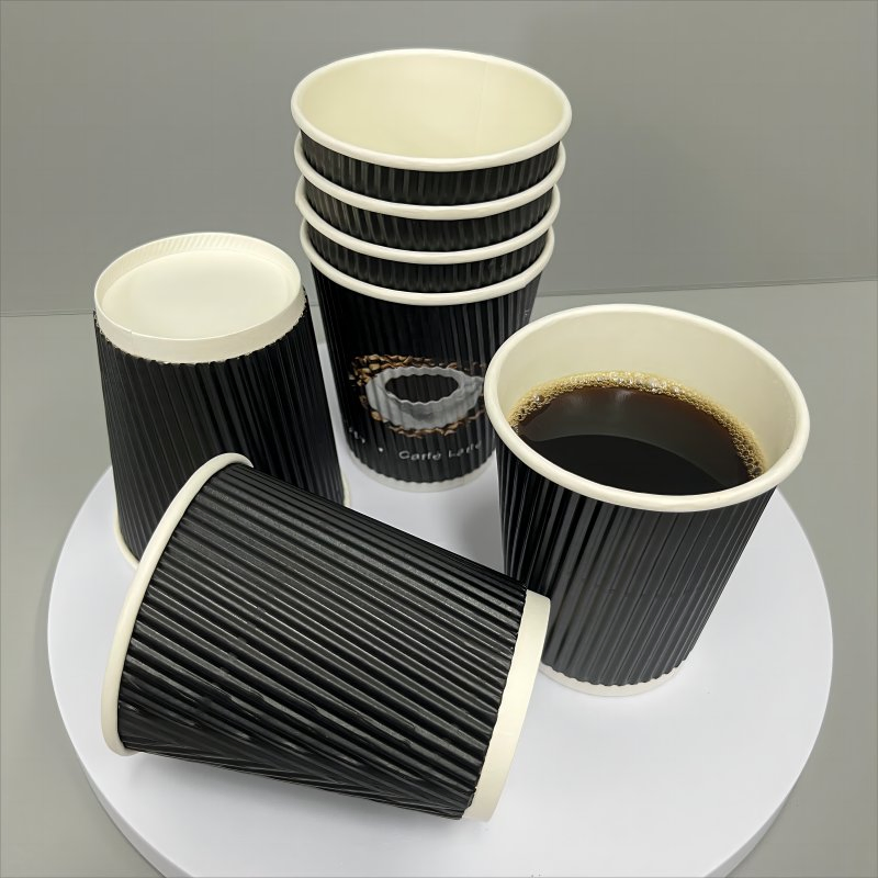 Ripple Paper Cup Waterproof Double Wall Cup Kraft Paper Cup for Hot Coffee with Plastic Cover Customization Printing 8oz