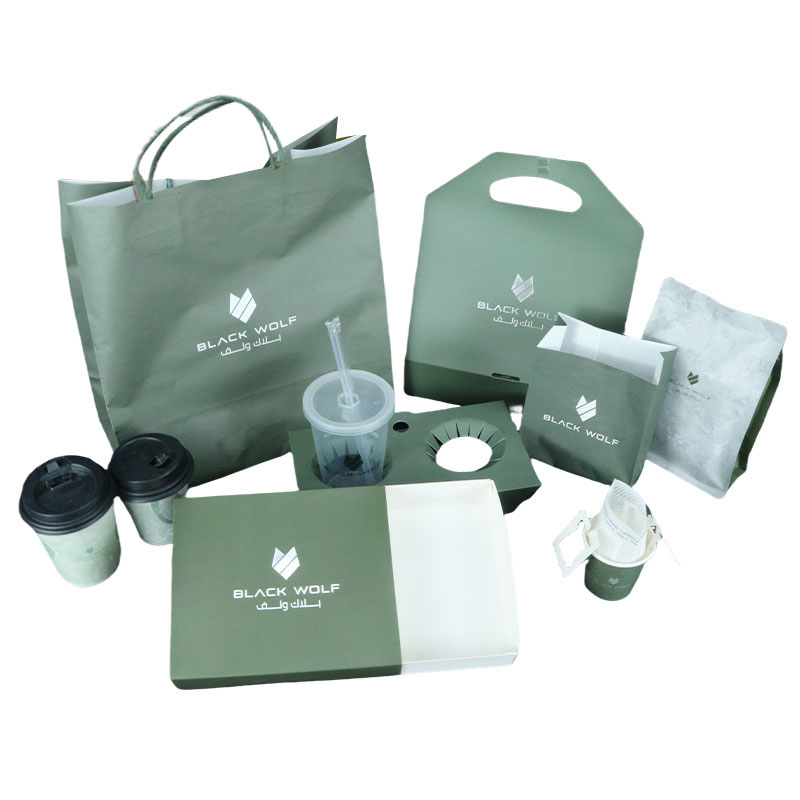 Eco-Friendly Coffee Series Custom Kraft Paper Packaging Bag Coffee Shops Take Away Cups Holder Cups Box Bag and Coffee Cup