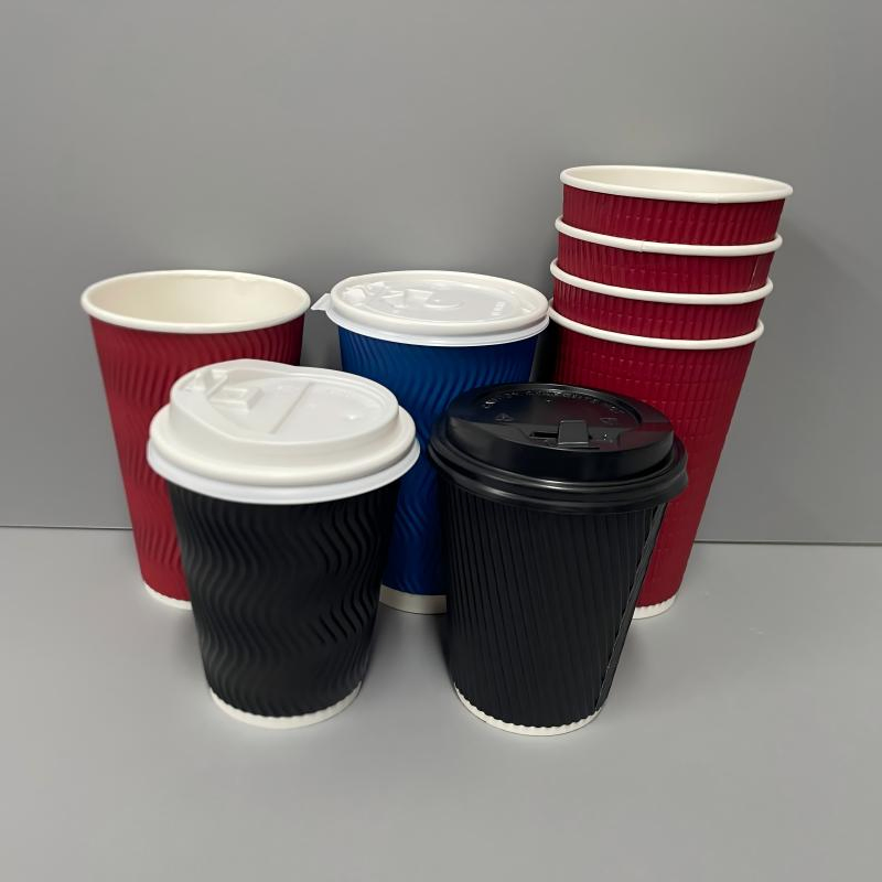 Ripple Paper Cup Waterproof Double Wall Cup Kraft Paper Cup for Hot Coffee with Plastic Cover Customization Printing 8oz