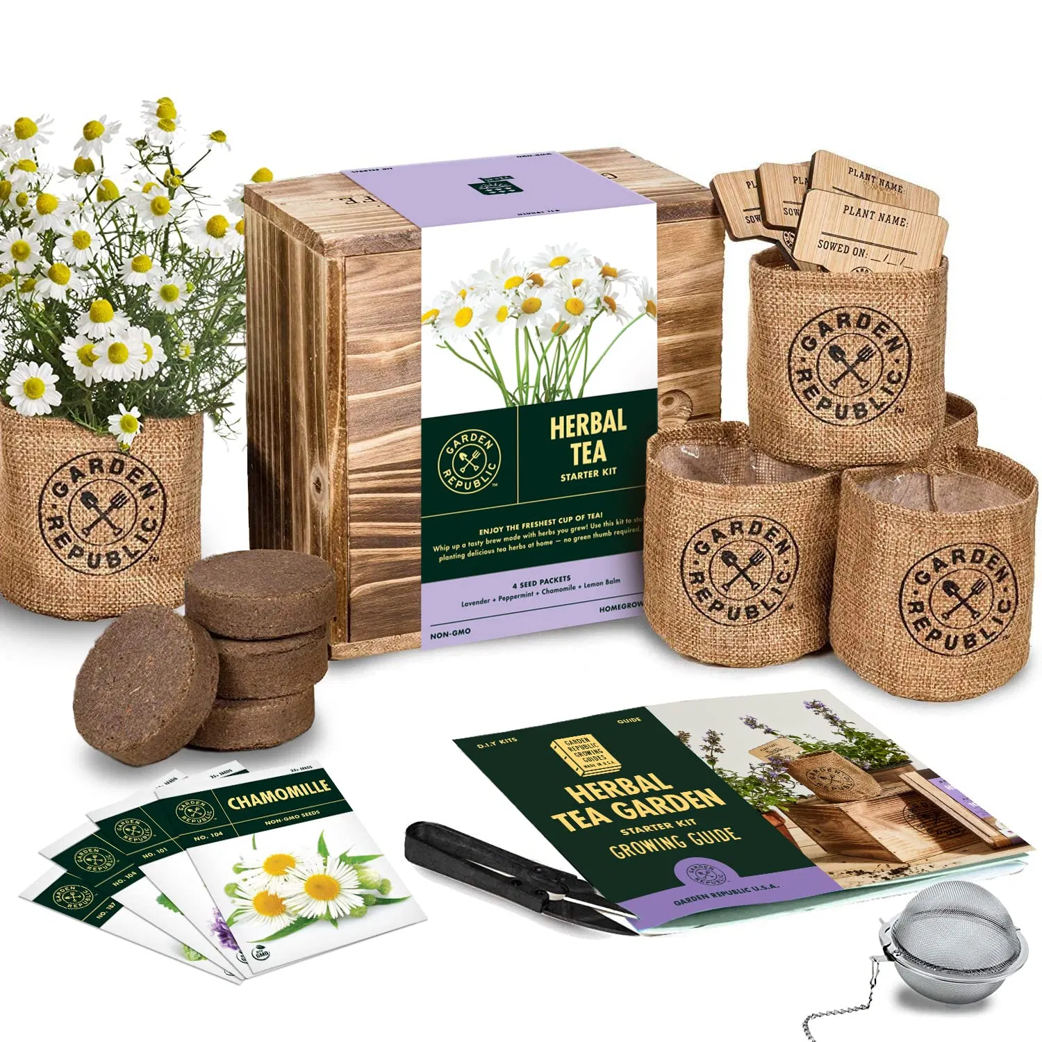 OEM ODM Indoor Herb Garden Seed Starter Kit - Herbal Tea Growing Kits Grow Medicinal Herbs Indoors Seeds for Planting Soil Plant Markers Pots Infuser Kit