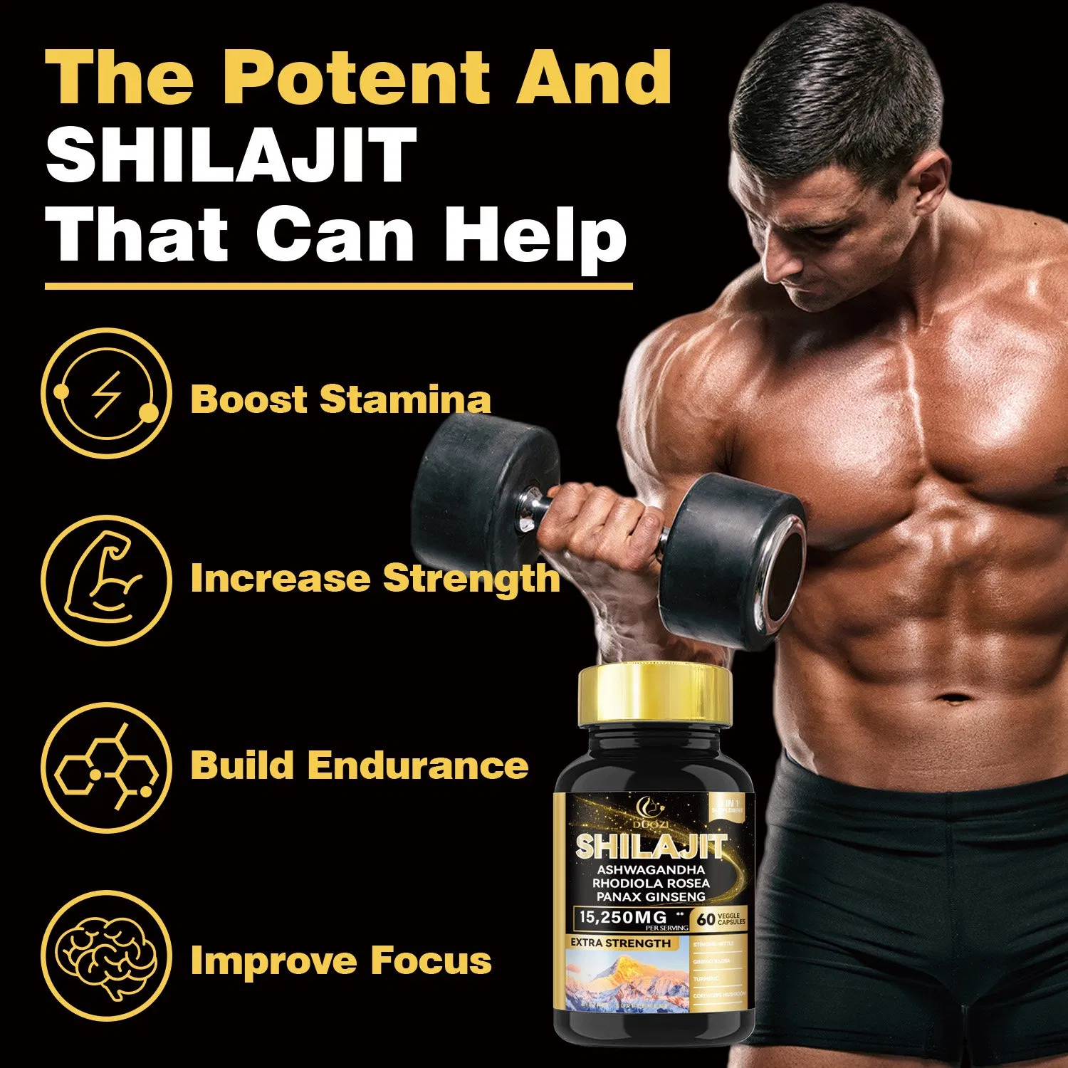 Extra Strength Herbal Blend: 15, 250mg Potent Mix of Ashwagandha, Shilajit, Ginseng &amp; More