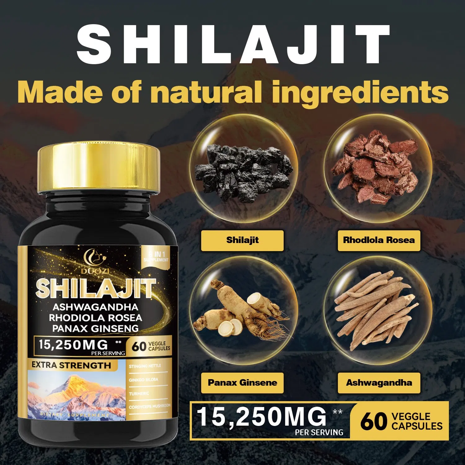 Extra Strength Herbal Blend: 15, 250mg Potent Mix of Ashwagandha, Shilajit, Ginseng &amp; More