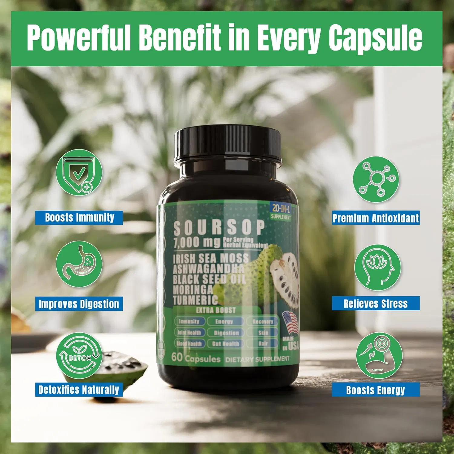 Health Supplement Cactus Lychee Seaweed Algae Acai Curcumin Black Seed Oil Oregano Ashwagandha 20-in-One Herbal Extract. OEM