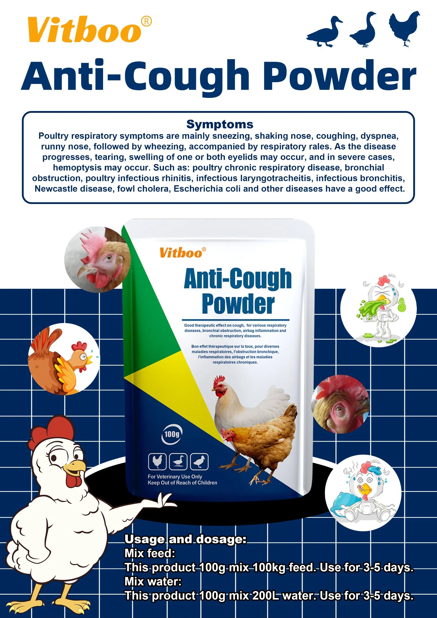 Custom Manufacturer Poultry Anti-Cough Powder Cold &amp; Respiratory Herbal Tonic for Veterinary