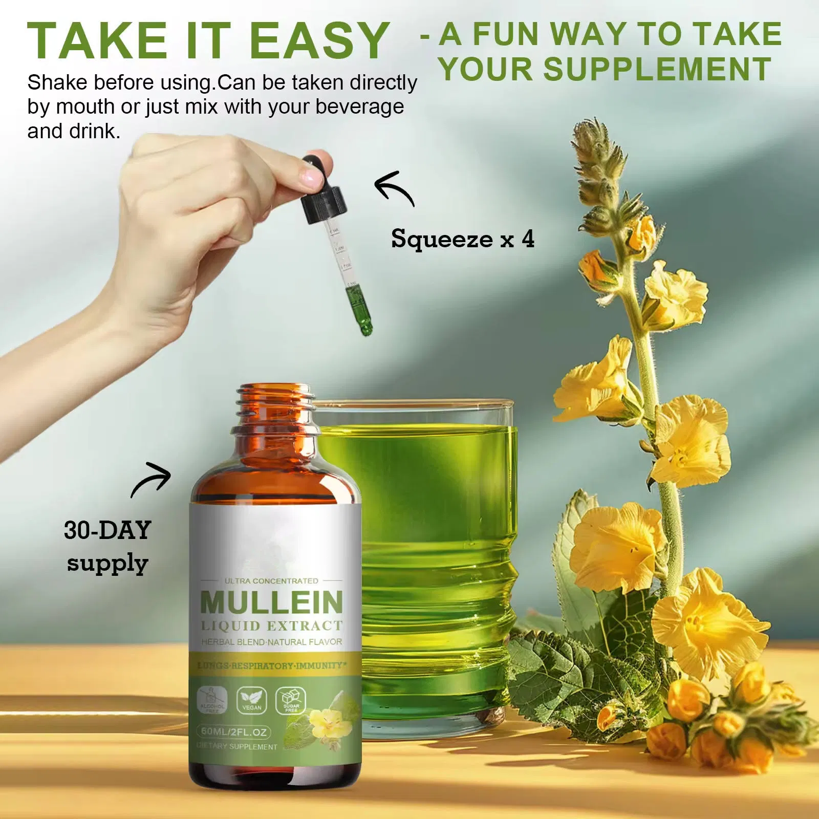 Herbal Supplement for Adult Lung Health Mullein Leaf Tincture Liquid Extract Drops Oral Dosage for Cleansing