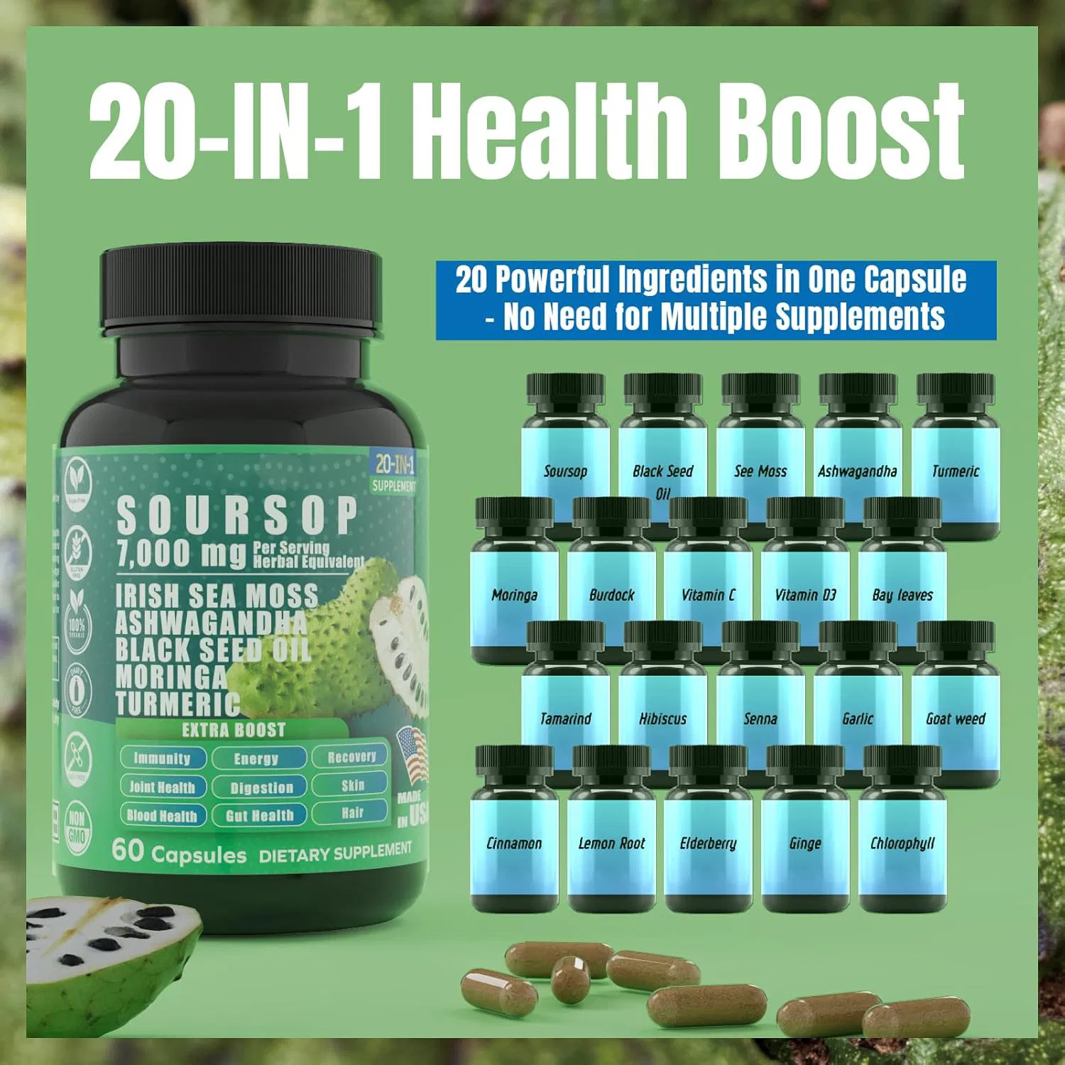 Health Supplement Cactus Lychee Seaweed Algae Acai Curcumin 20-in-One Herbal Extract. OEM