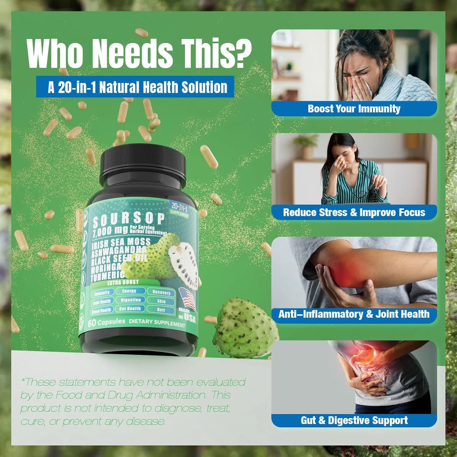 Health Supplement Cactus Lychee Seaweed Algae Acai Curcumin Black Seed Oil Oregano Ashwagandha 20-in-One Herbal Extract. OEM