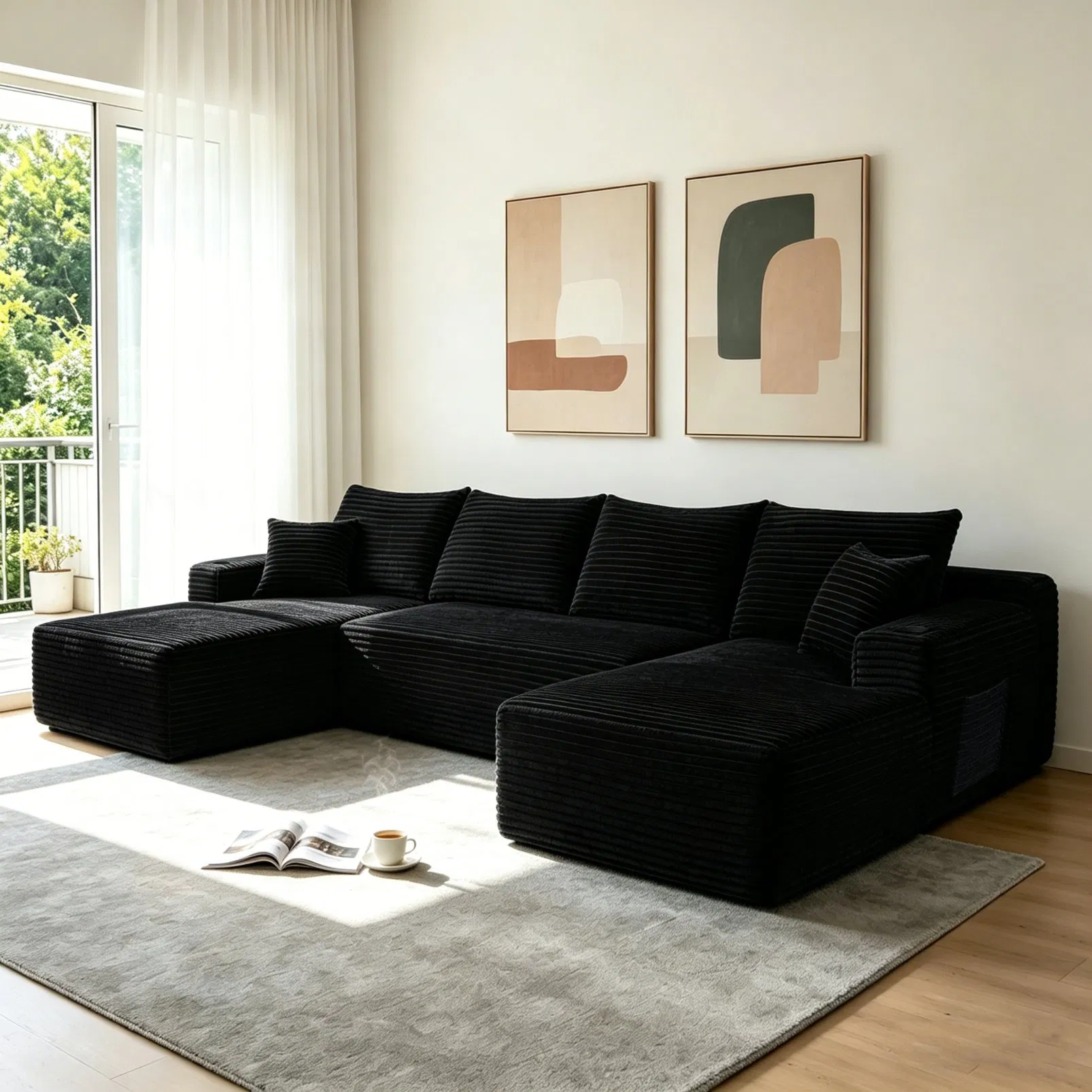 مجموعة أرائك غرفة المعيشة، أريكة سحابية بشكل حرف U مع مقعد جانبي، تصميم حديث Modular، أريكة مضغوطة بدون عظام، أريكة قماشية، مقاعد عميقة، سوداء