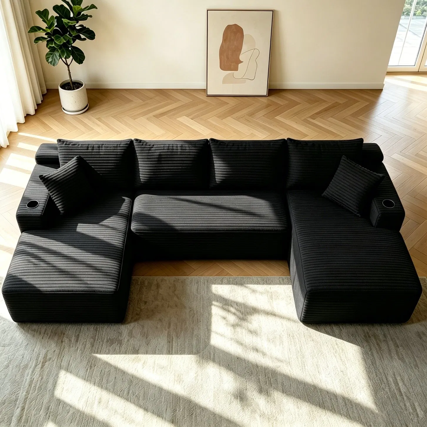 مجموعة أرائك غرفة المعيشة، أريكة سحابية بشكل حرف U مع مقعد جانبي، تصميم حديث Modular، أريكة مضغوطة بدون عظام، أريكة قماشية، مقاعد عميقة، سوداء