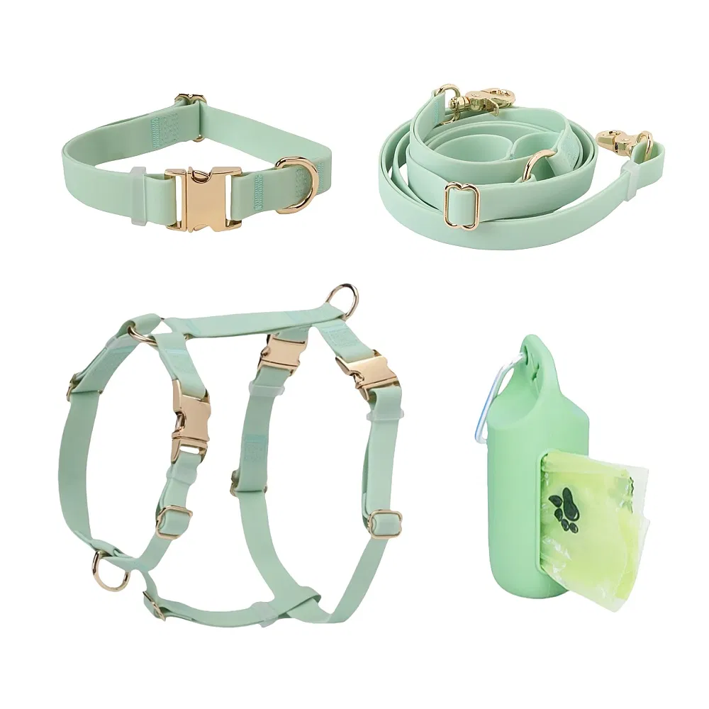 OEM Waterproof Dog Harness Collar Combine with Hands Free Leash &amp; Poop Bag Hoder Personalized Logo Gold Metal Buckle Luxury Pet Harness Leash