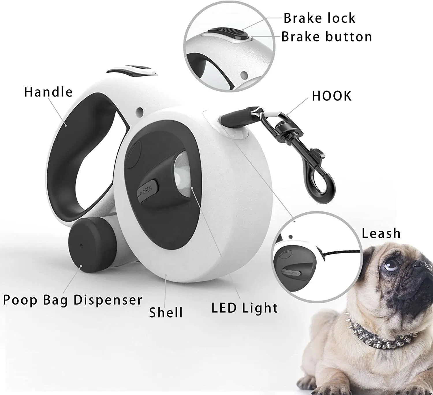 LED Flash Light USB Rechargeable Retractable Pet Leash with Poop Bag Dispenser