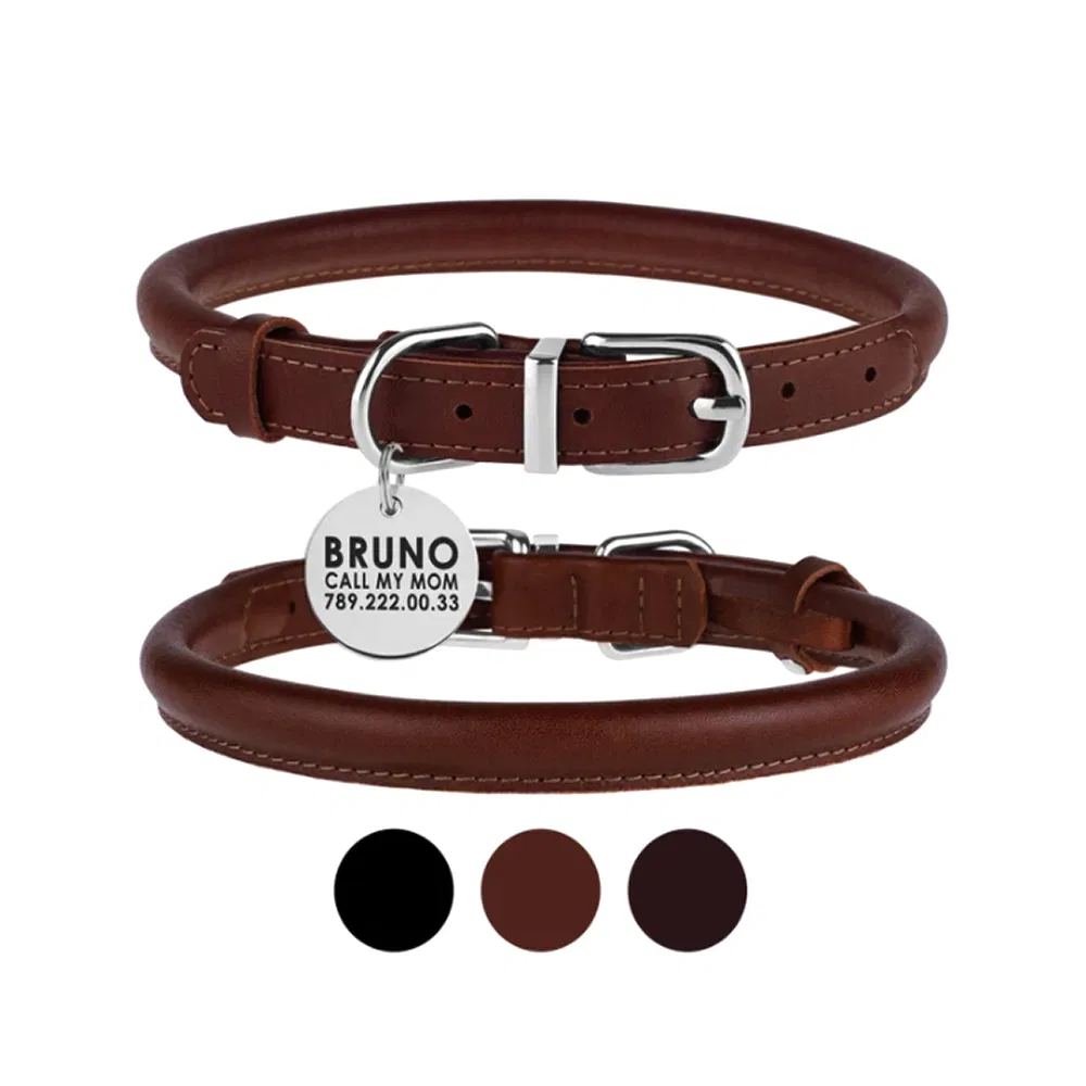 Pet Products Custom Vegan Genuine Adjustable Leather Roller Pet Collar Breathable Waterproof Leather Pet Collar for Dogs