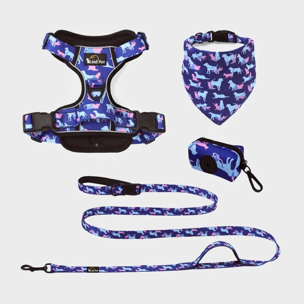 Custom Dog Harness Combine with Collar Bandanas Leash and Poop Bag Holder Designer Pattern Printed Pet Walking Vest Harness Set Luxury Band Pet Harness