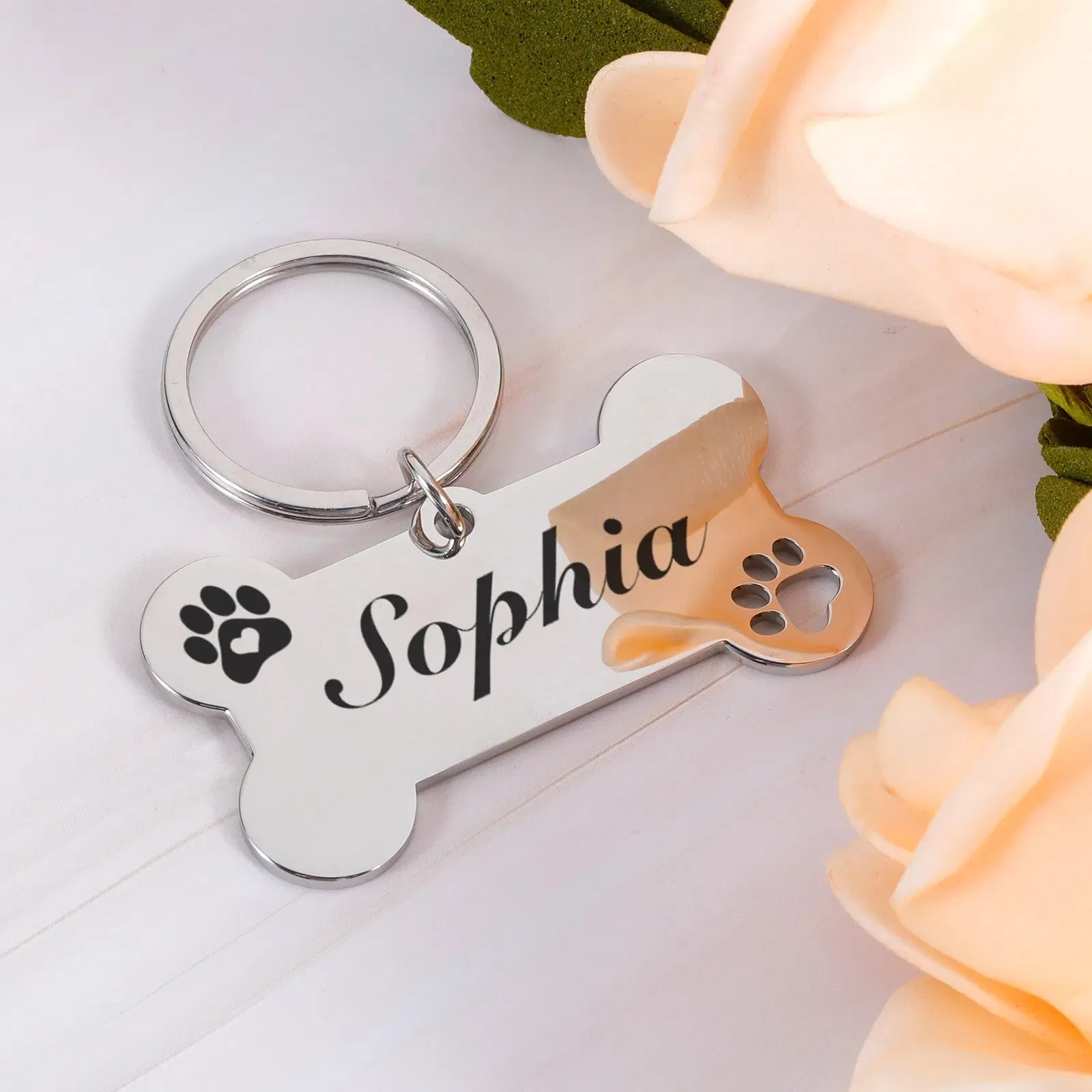 Personalized Pet ID Tag with Keychain Engraved Pet ID Name for Cat Puppy Dog Collar Tag Pendant Keyring Bone Pet Accessories