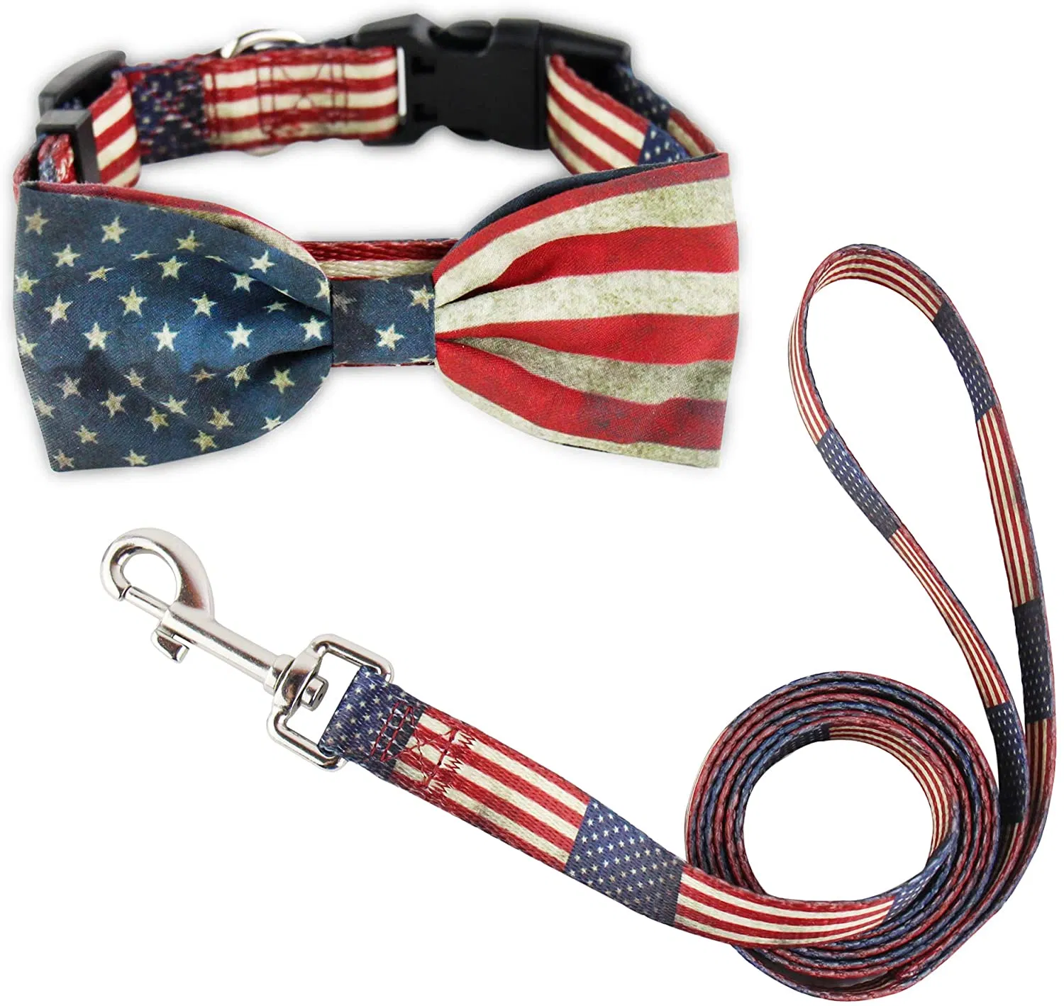 2-American Flag Bow Tie Dog Collar and Leash Set,Adjustable Cute Plaid Soft Dog Bowtie Collar Bandana and Leash, Dog Accessories for Small Medium Dogs Cats Pets