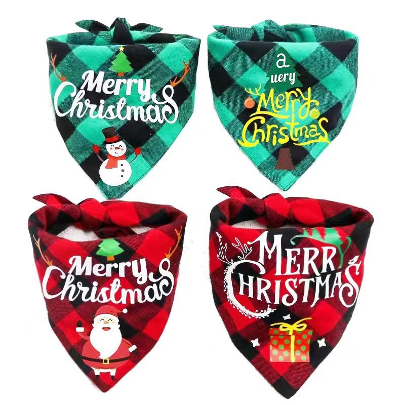 New Cotton Gingham Christmas Pet Triangular Scarf Drooling Towel Dog Scarf Cat Bib Collar Bibs