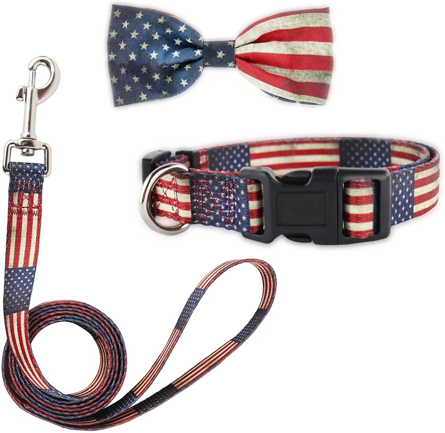 2-American Flag Bow Tie Dog Collar and Leash Set,Adjustable Cute Plaid Soft Dog Bowtie Collar Bandana and Leash, Dog Accessories for Small Medium Dogs Cats Pets