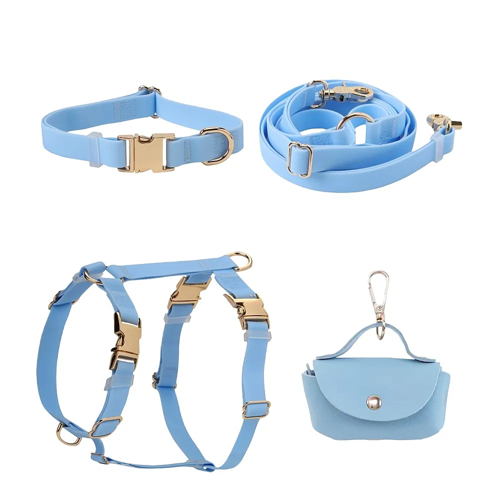 OEM Waterproof Dog Harness Collar Combine with Hands Free Leash &amp; Poop Bag Hoder Personalized Logo Gold Metal Buckle Luxury Pet Harness Leash