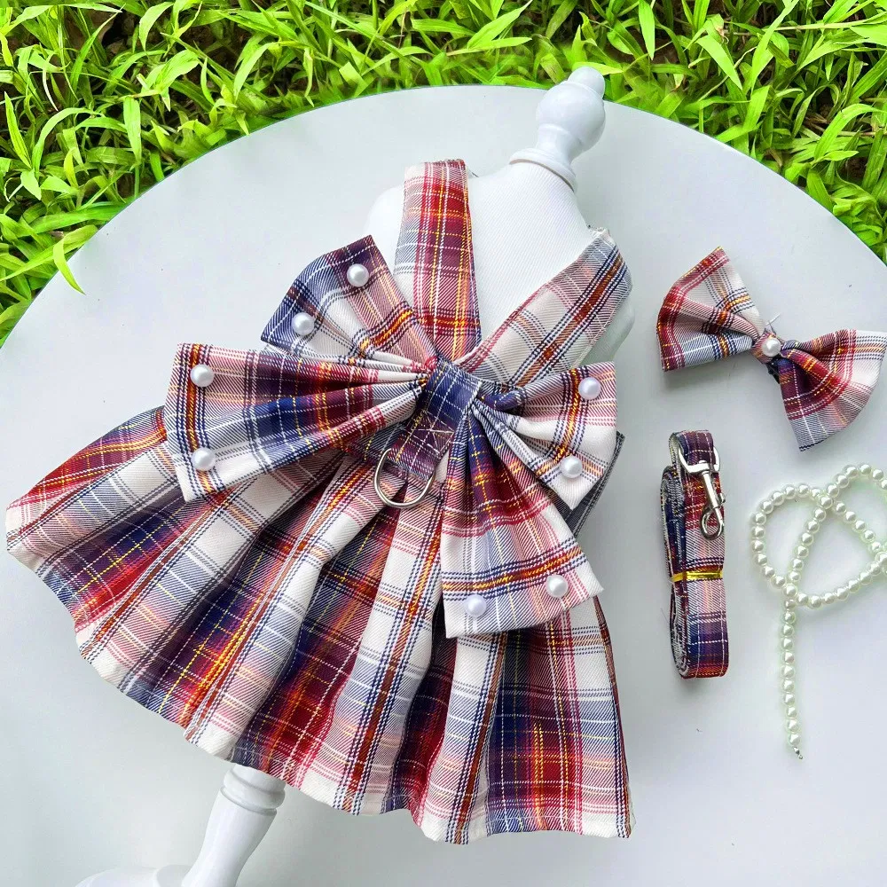 Multifunctional Leashes Set Featuring Pet Jk Plaid Skirt and Chest Strap