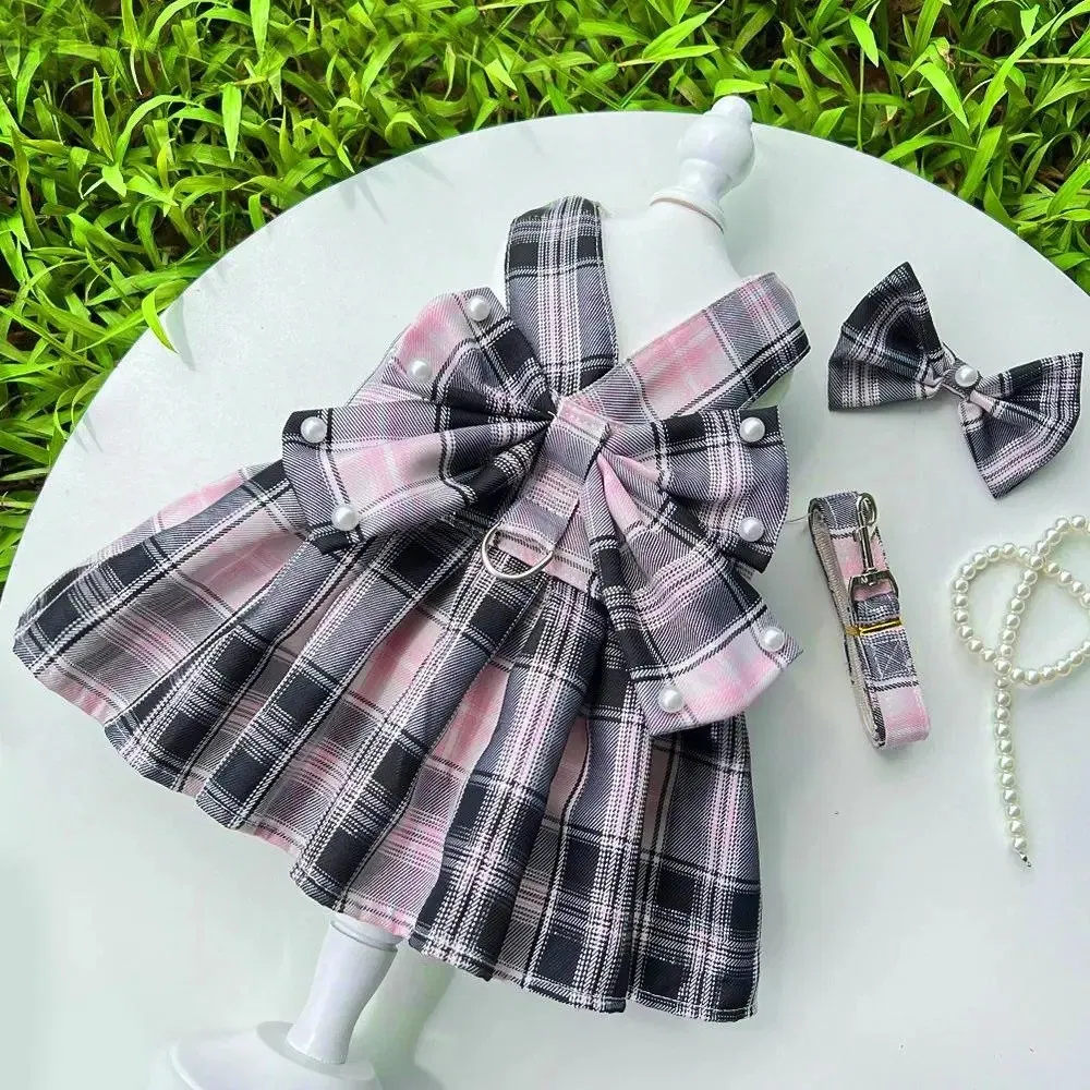 Multifunctional Leashes Set Featuring Pet Jk Plaid Skirt and Chest Strap
