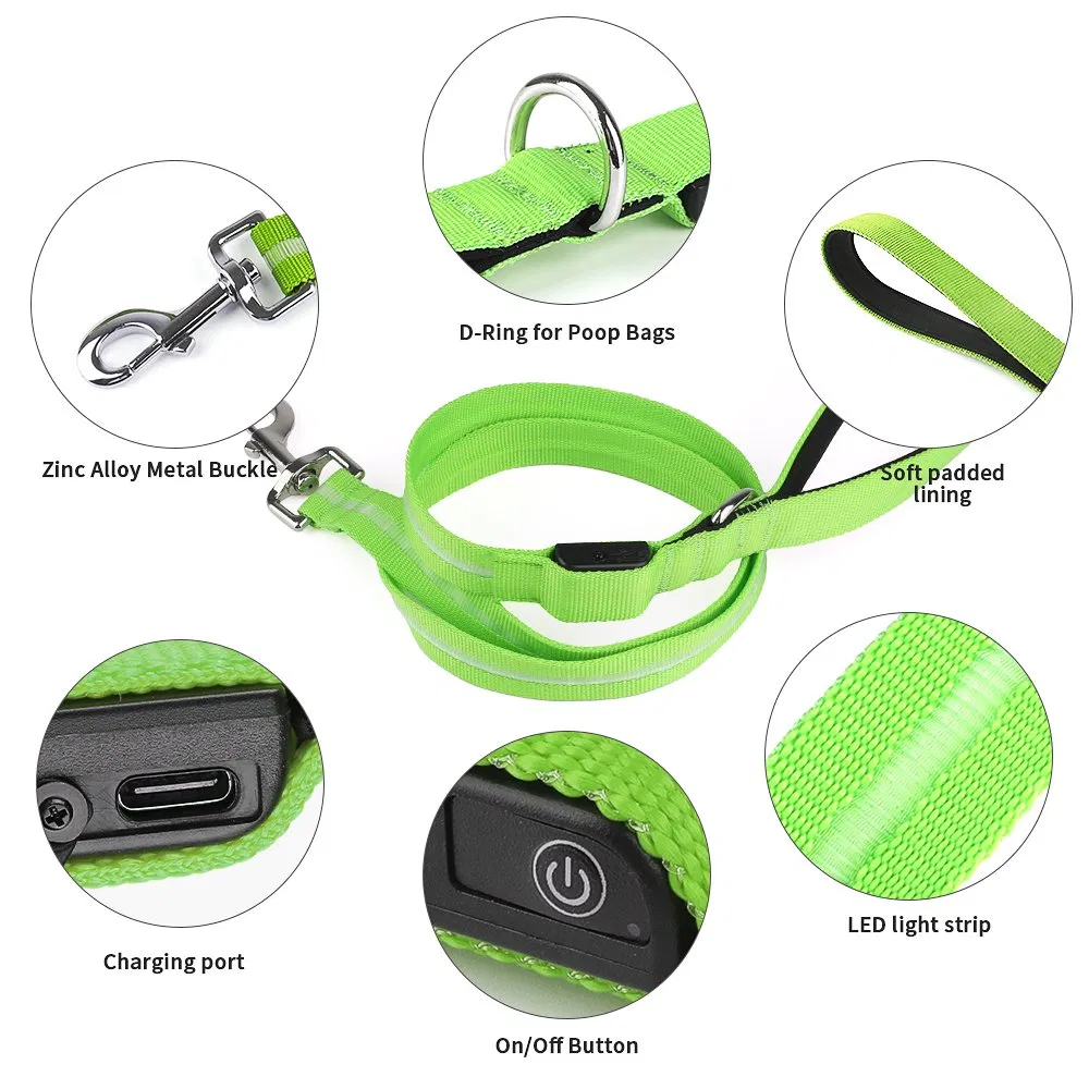 Factory Wholesale LED Light up Pet Accessories Leash Flashing Dog Rope Leash Rechargeable Adjustable Luminous Dog Leash
