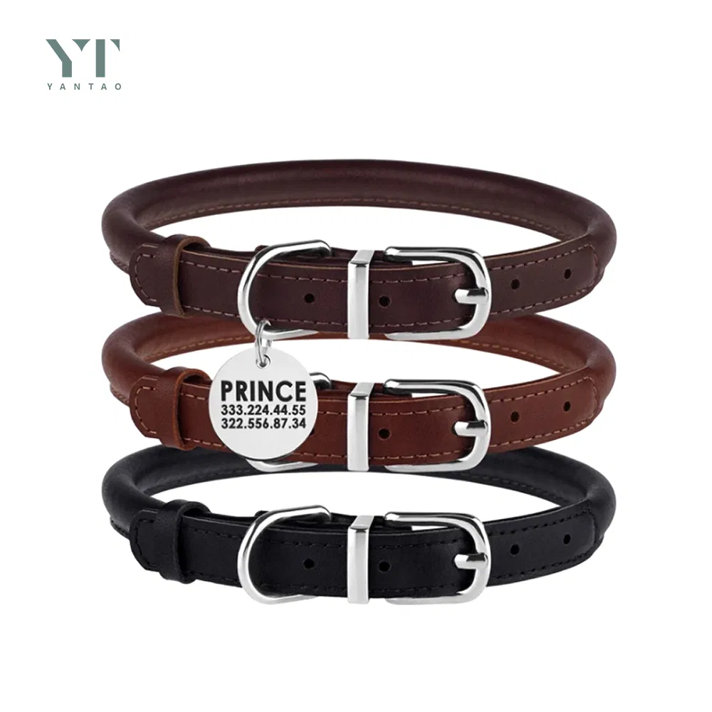Pet Products Custom Vegan Genuine Adjustable Leather Roller Pet Collar Breathable Waterproof Leather Pet Collar for Dogs