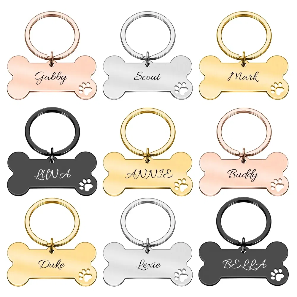 Personalized Pet ID Tag with Keychain Engraved Pet ID Name for Cat Puppy Dog Collar Tag Pendant Keyring Bone Pet Accessories
