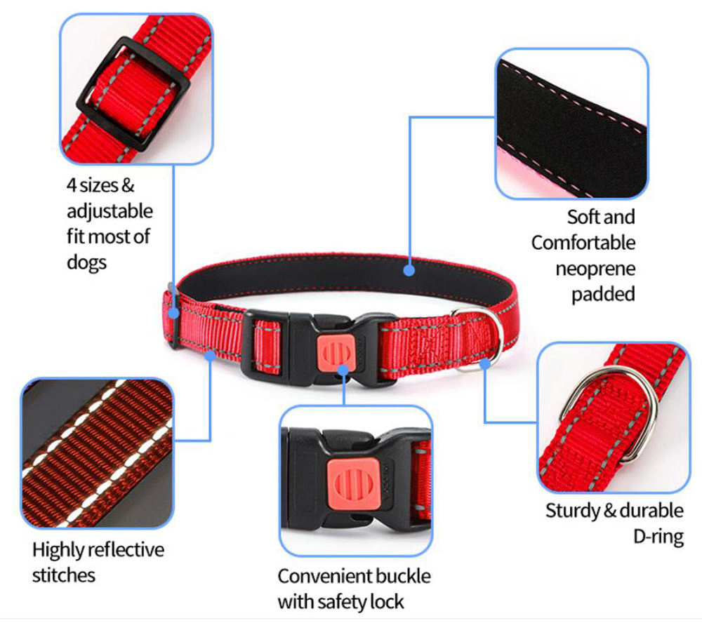 Custom Adjustable Reflective Dog Collar with Safe Lock, Soft Neoprene Padded Breathable Nylon Pet Collar for S M Size Big Dog