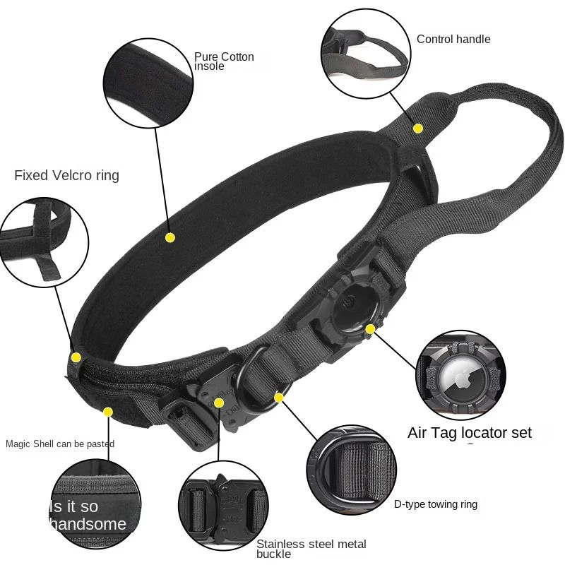 Pet Accessories Outdoor GPS Tracking Air Tag Dog Training Collars with Handle High Quality Nylon Adjustable Tactical Collar Set Pet Collar
