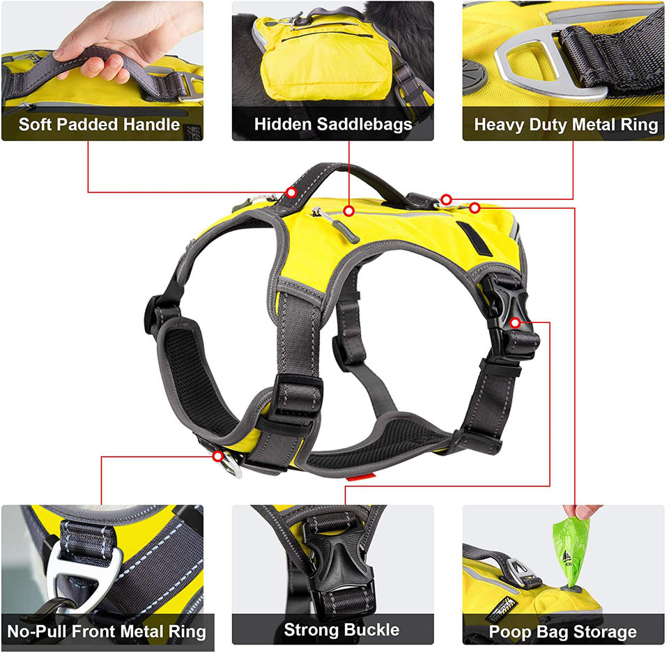 Multi-Functional No-Pull Pet Vest Harness with Saddle Bags Backpack Leash