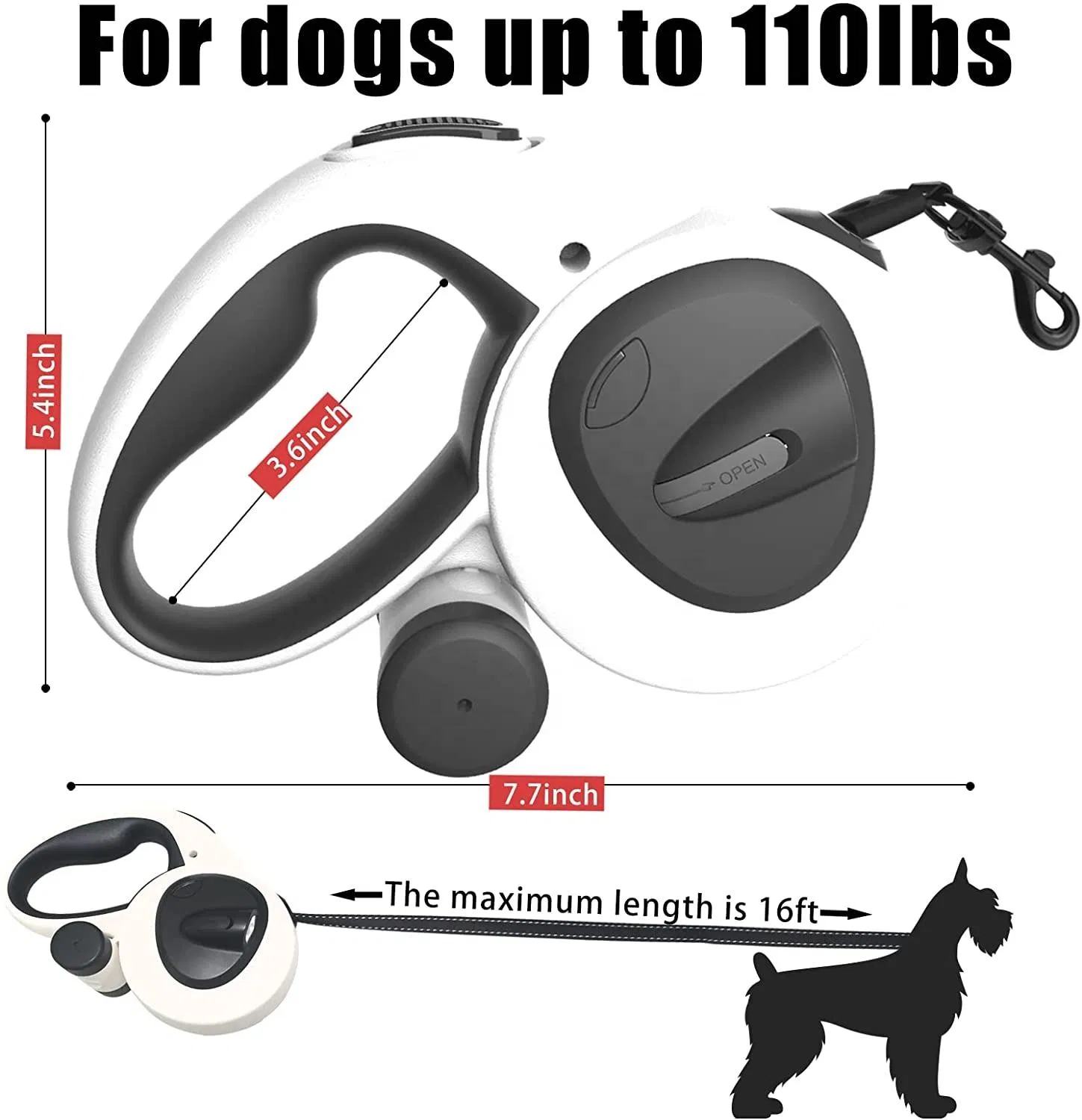 LED Flash Light USB Rechargeable Retractable Pet Leash with Poop Bag Dispenser