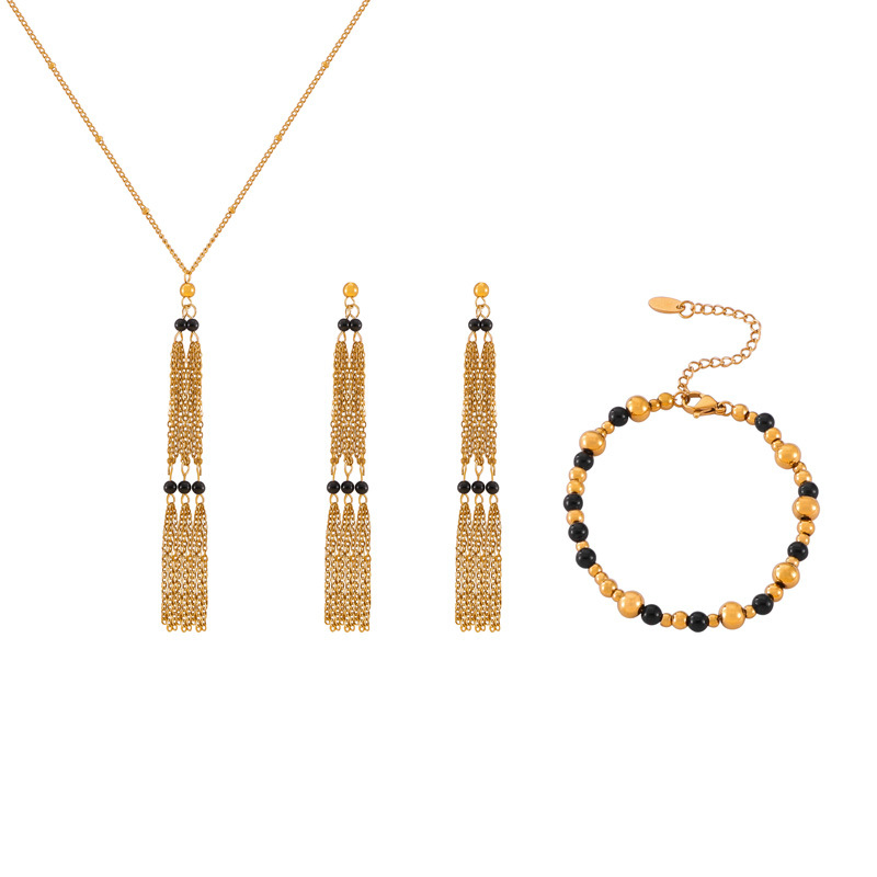 Geometric Layered Chain &amp; Agate Beaded Jewelry Set Stainless Steel Design for Women