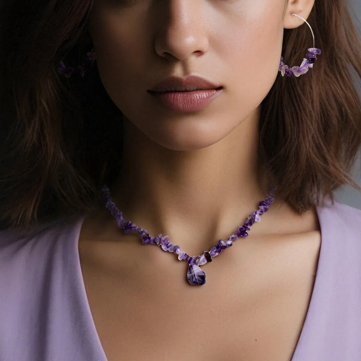 Custom Irregular Handmade Bohemian Gravel Gemstone Crystal Amethyst Aventurine Chip Jewelry Set