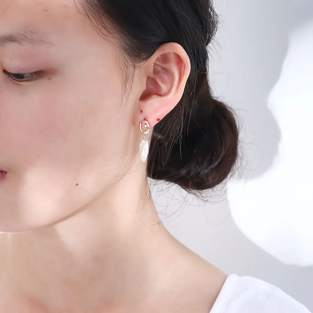 Custom 925 Sterling Silver Knot Dangle Fresh Water Irregular Baroque Pearl Stud Earring